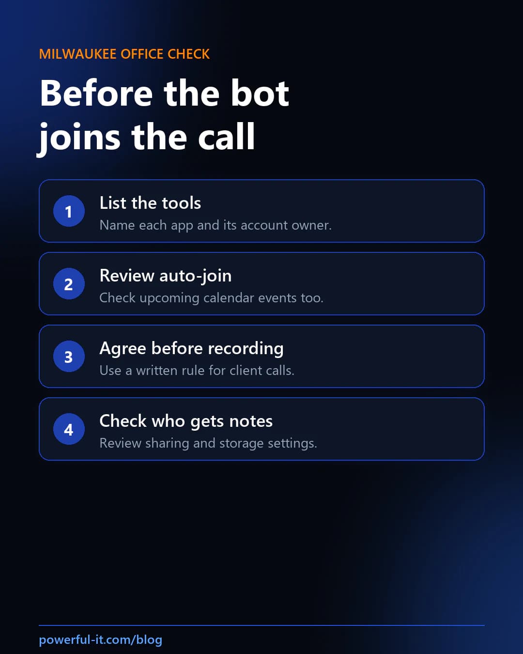 Four checks before a meeting bot joins: list tools, review auto-join, agree before recording, and check who gets notes.
