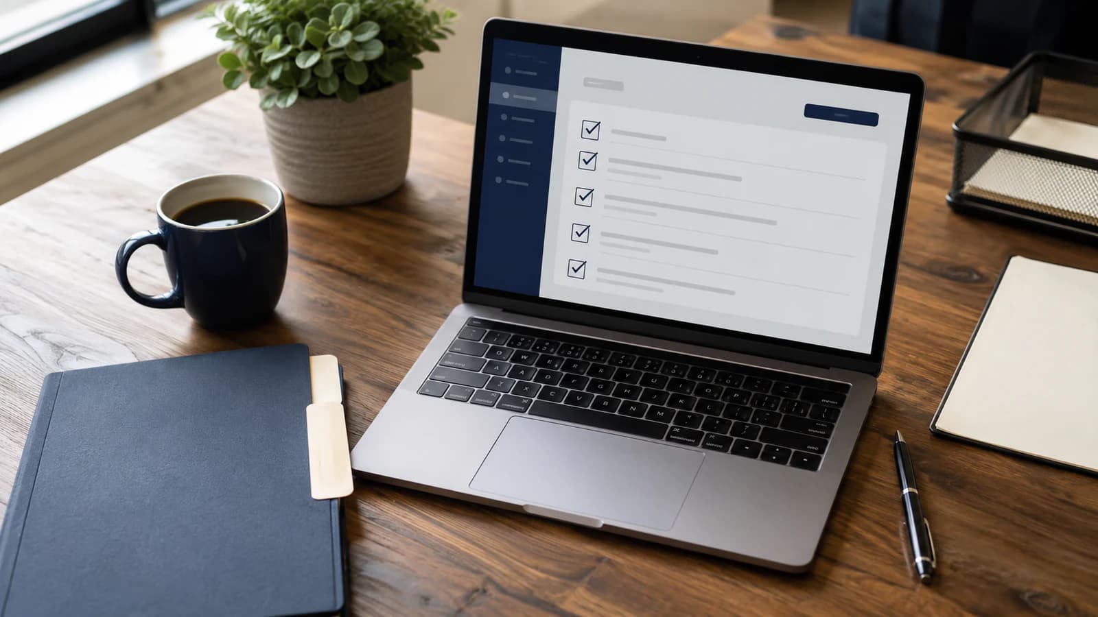 Laptop showing a completed cyber insurance renewal checklist on an office desk