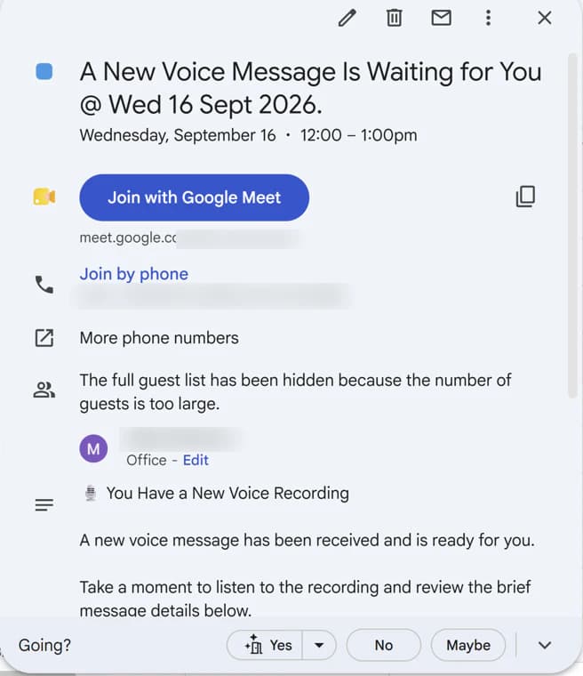Google Calendar event titled A New Voice Message Is Waiting for You, with a Join with Google Meet button and a description claiming a new voice recording is ready.