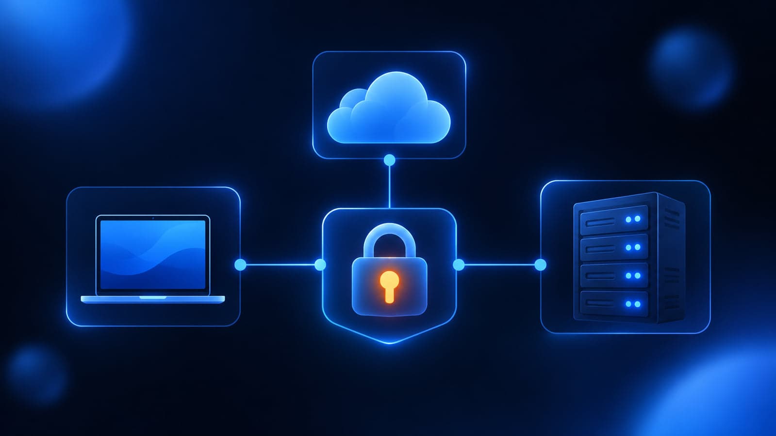 Illustration of a laptop, server rack, cloud, and padlock connected on a dark blue background