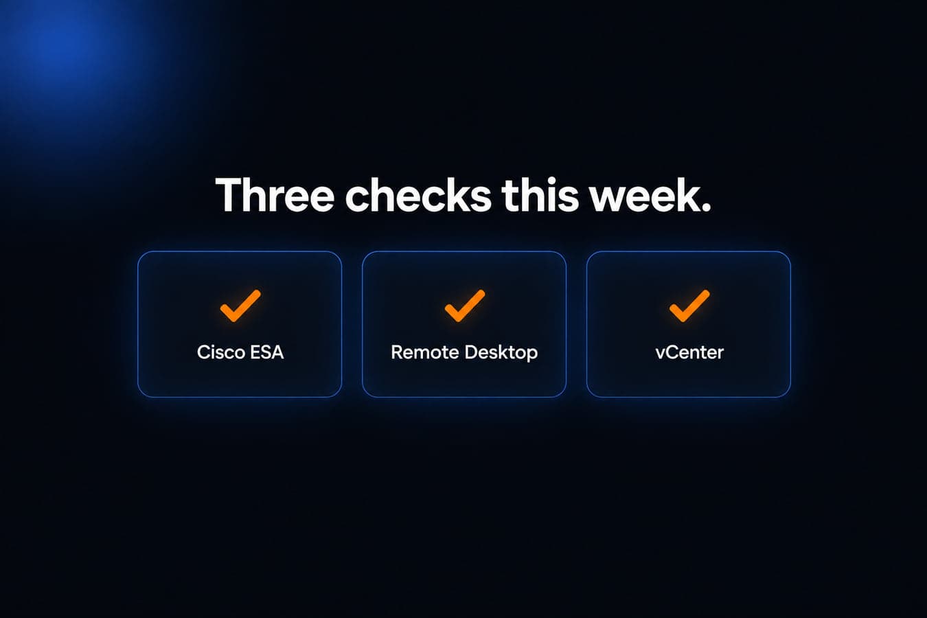 Three dark navy cards labeled Cisco ESA, Remote Desktop, and vCenter, each marked with an orange check.