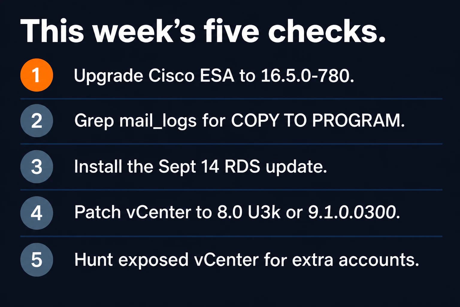 Five-step checklist for Cisco Secure Email Gateway, the September 14 RDS update, and VMware vCenter.