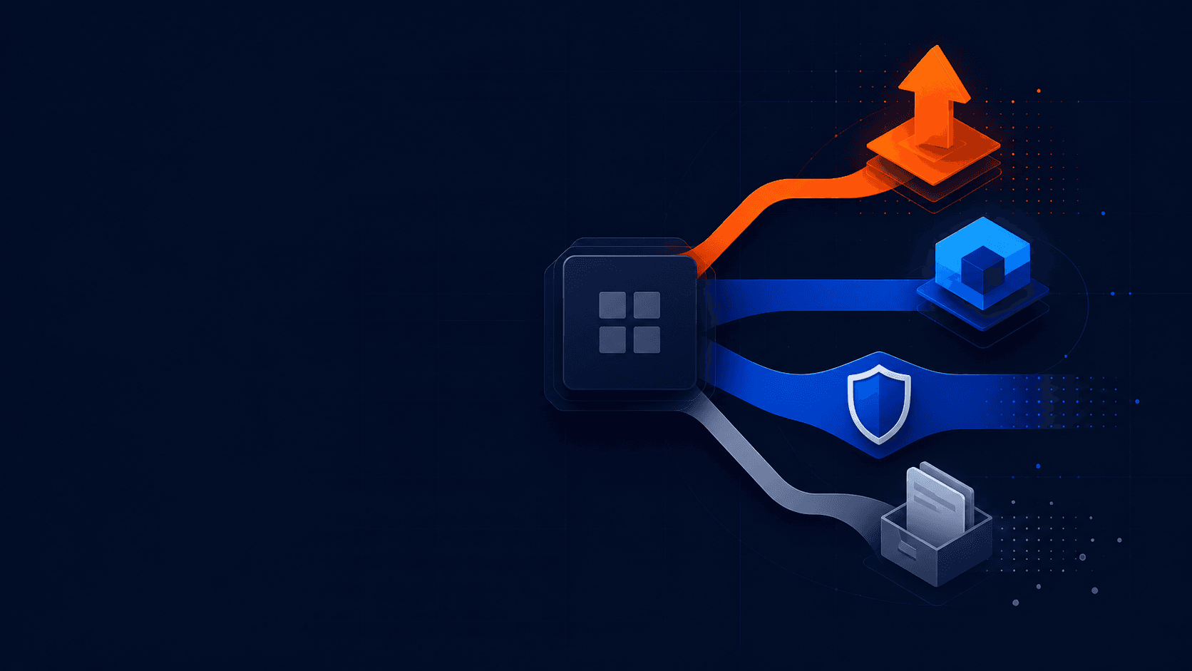 Abstract Windows 10 migration paths showing upgrade, replacement, temporary protection, and retirement