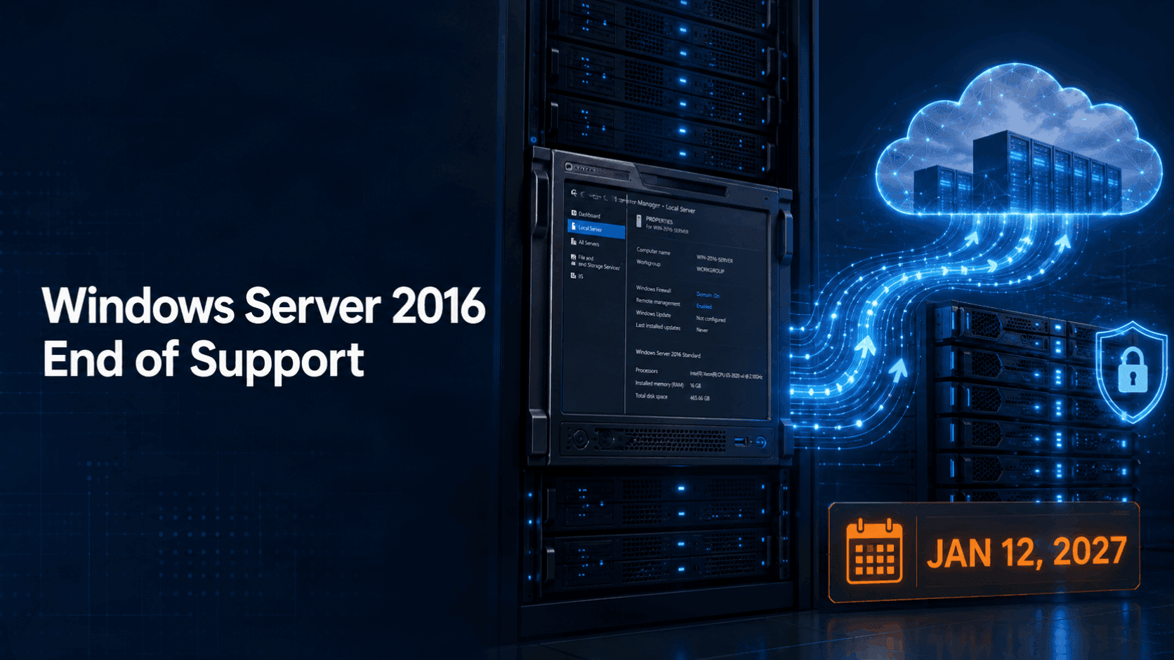 Windows Server 2016 server connected to a secure cloud migration with the January 12, 2027 end-of-support date