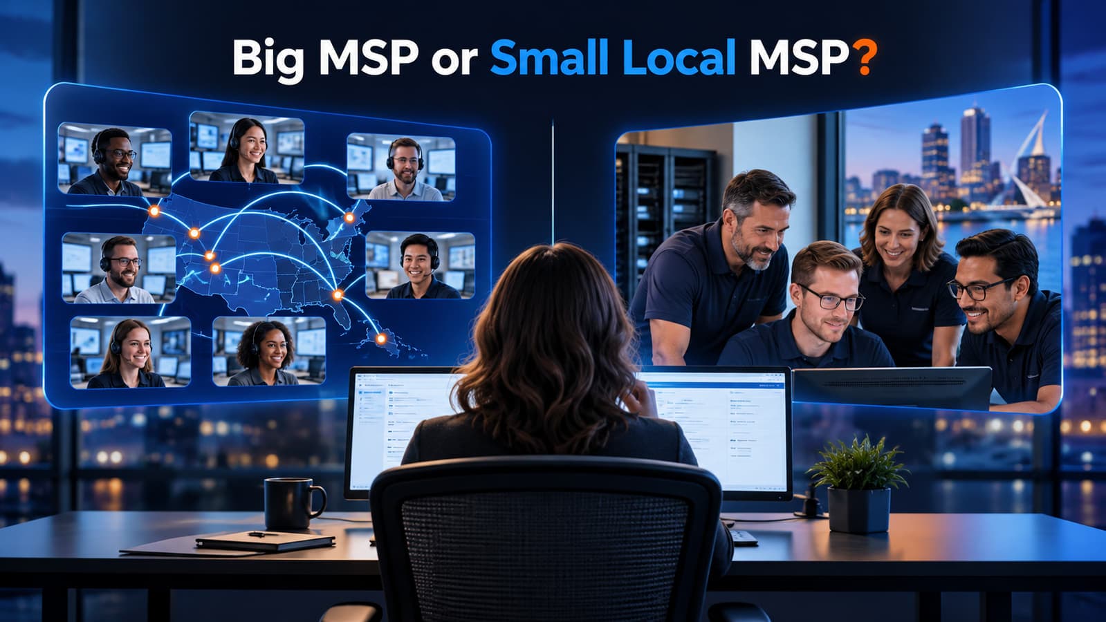 An office manager compares a distributed IT helpdesk with a nearby technical team.