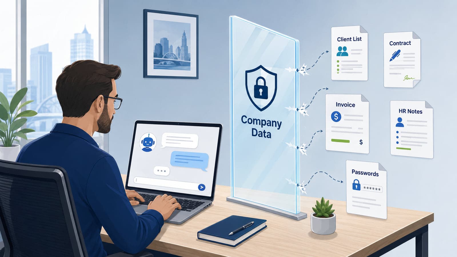 Small business employee using an AI chat tool while customer lists, contracts, invoices, HR notes, and passwords stay behind a company data boundary.