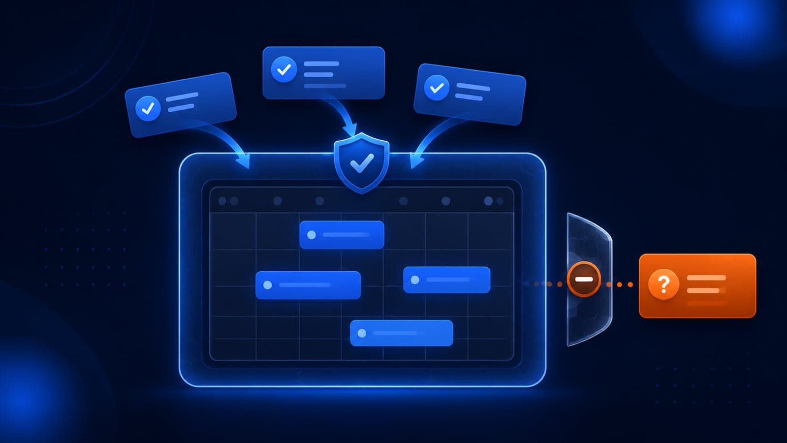 Calendar security illustration showing trusted invitations entering a protected schedule while an unknown invitation waits outside.