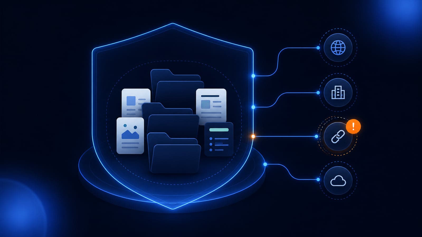 Abstract file repository showing reviewed and unreviewed external access paths around protected business documents.