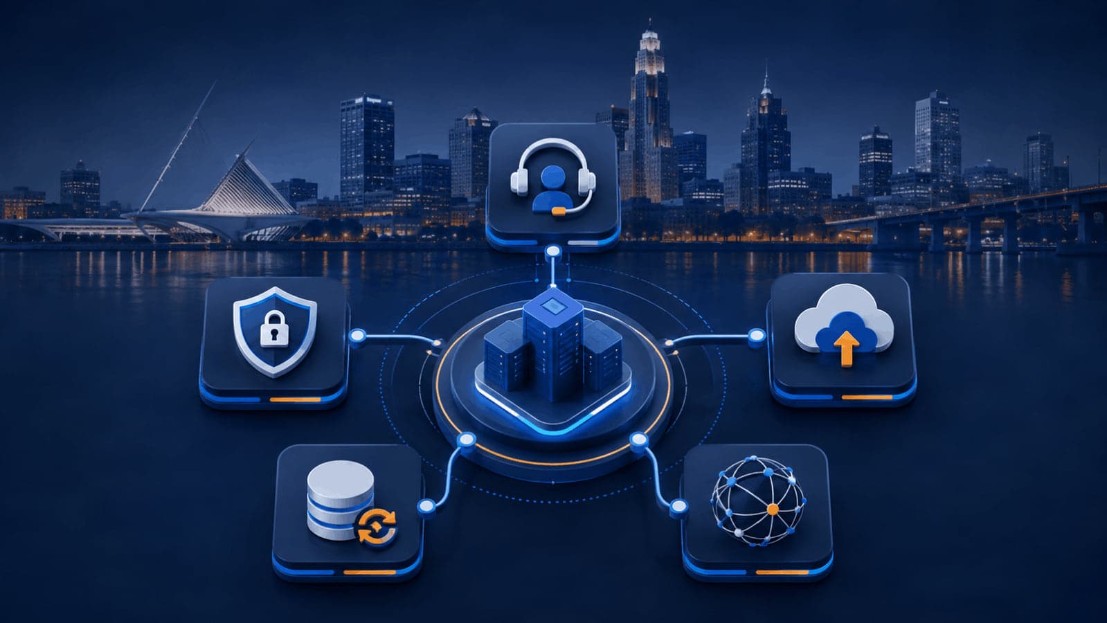Connected IT support, security, cloud, backup, and network services over the Milwaukee skyline