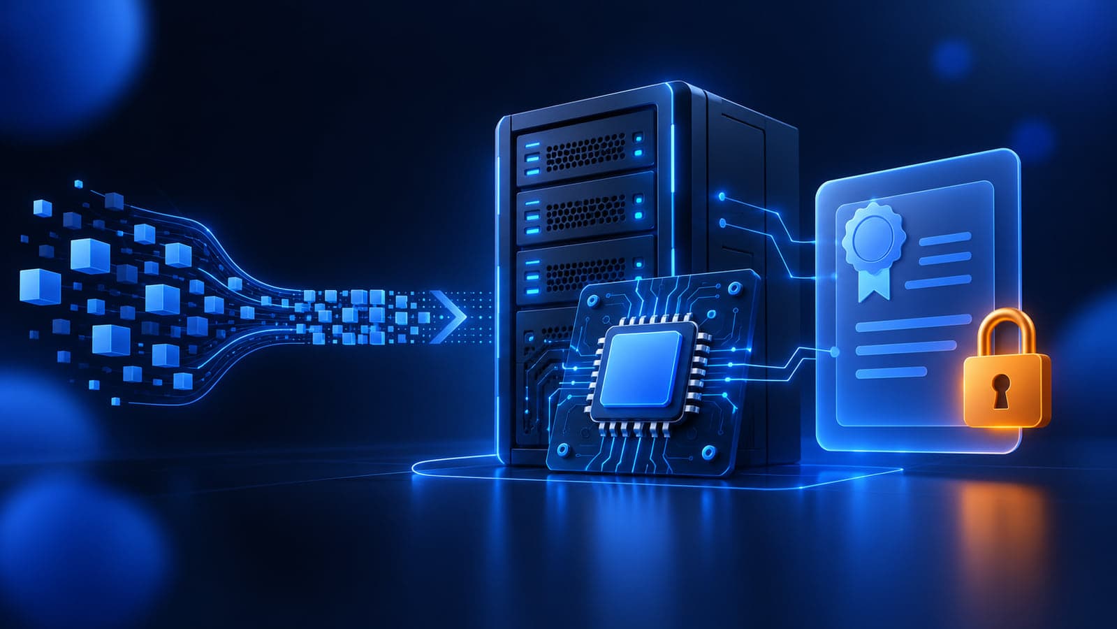 Illustration of a server rack, firmware chip, and digital certificate on a dark blue background