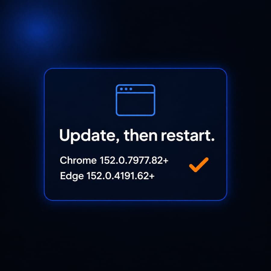 Browser card showing Chrome 152.0.7977.82+ and Edge 152.0.4191.62+ with an orange check.
