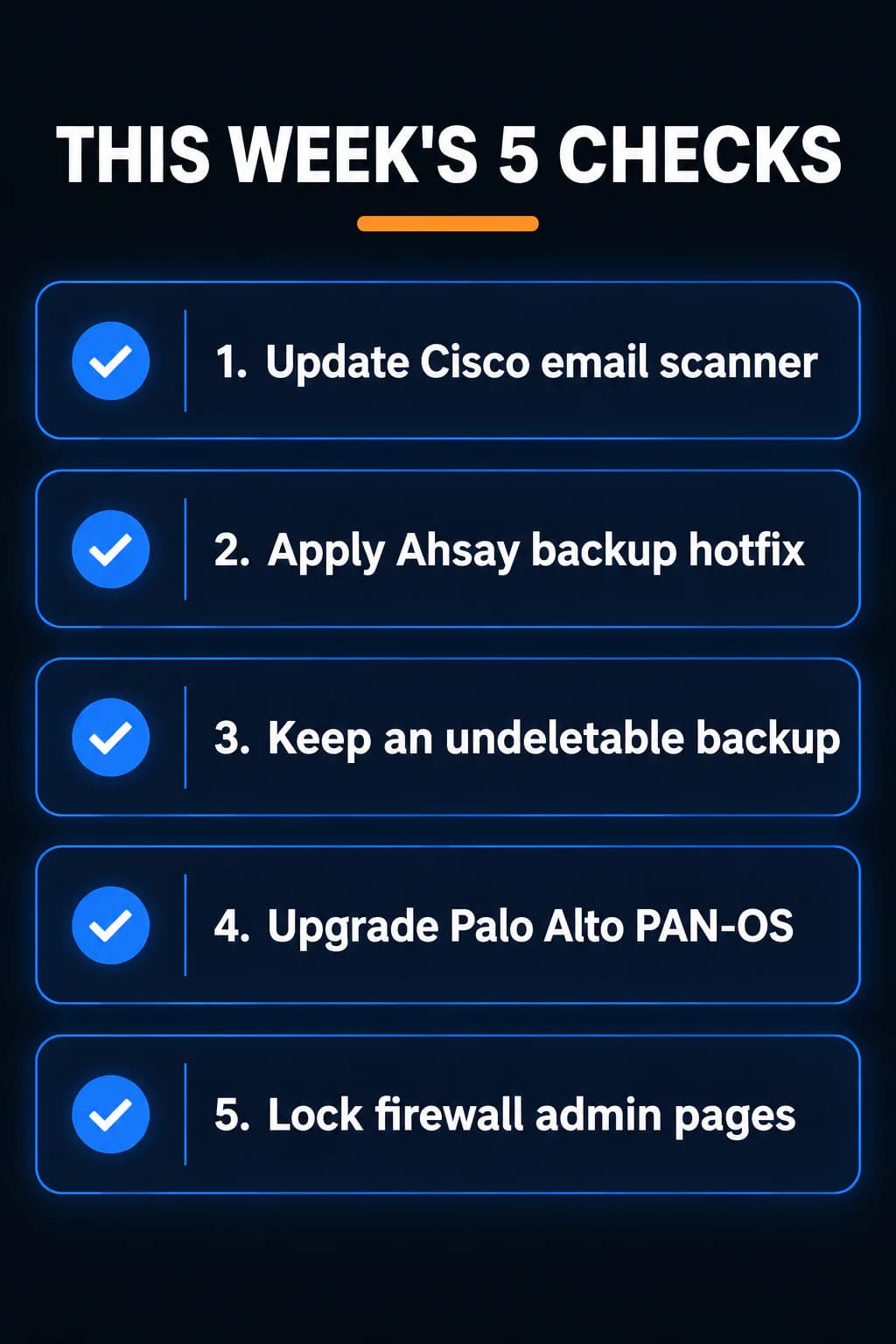 Five-step checklist: update Cisco email gateway scanner, apply the Ahsay hotfix, keep a backup copy safe from deletion, upgrade PAN-OS, and lock down firewall admin pages
