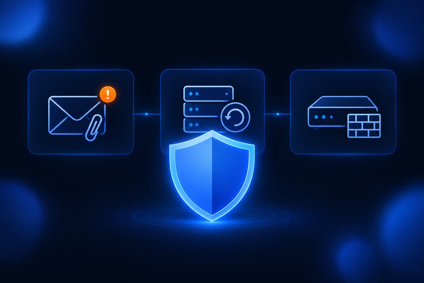 Glowing blue shield guarding an email envelope, a backup server, and a firewall on a dark navy background
