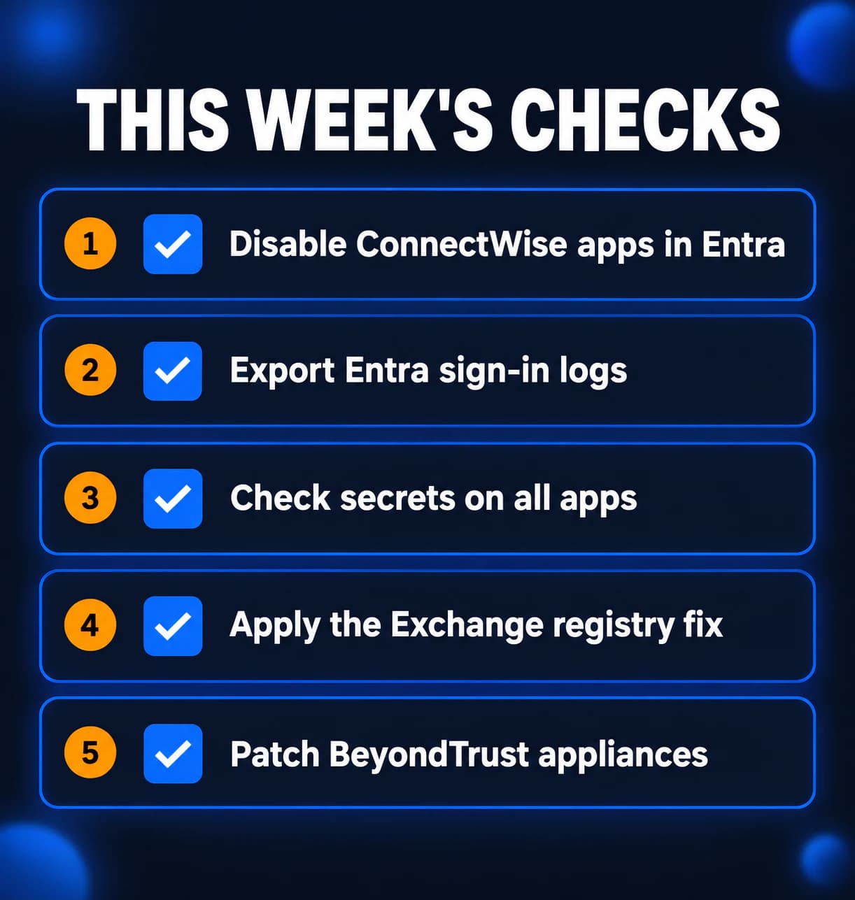 Five-step checklist: disable ConnectWise apps, export Entra logs, check app secrets, apply the Exchange registry fix, and patch BeyondTrust