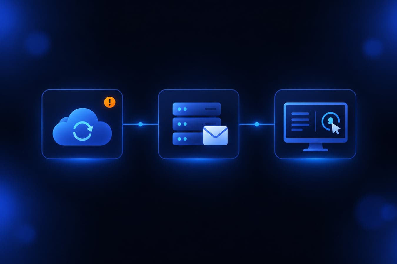 Glowing blue cloud backup, mail server, and remote support console connected by thin lines on a dark navy background