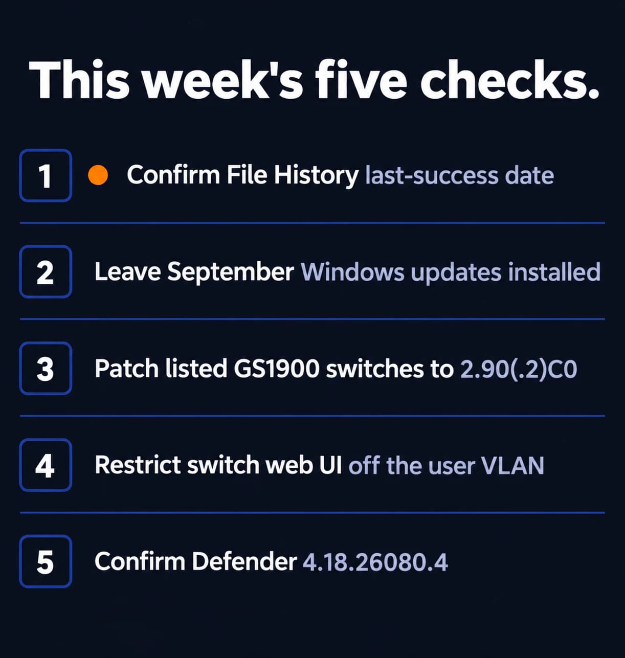 Five-step checklist for File History, Zyxel GS1900 firmware, and Microsoft Defender version.