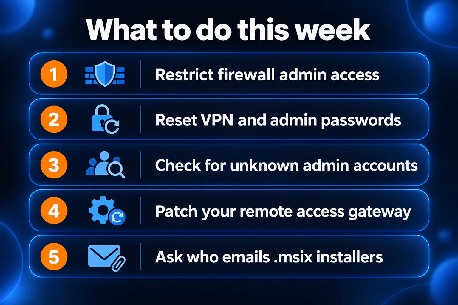 Five-step IT checklist: restrict firewall admin access, reset VPN and admin passwords, check for unknown admin accounts, patch your remote access gateway, ask who emails .msix installers.