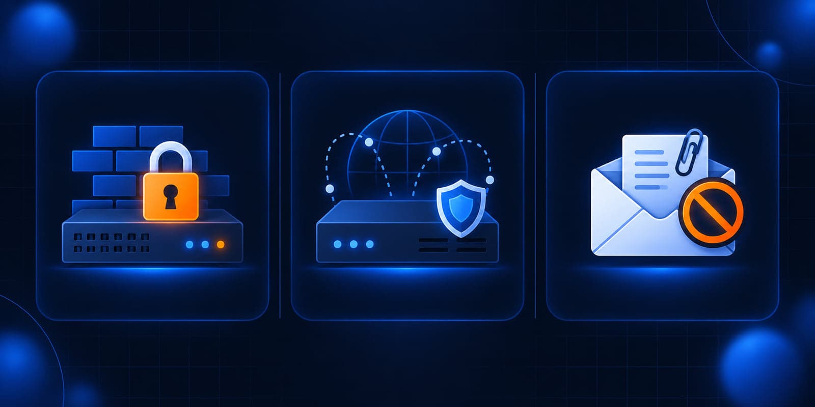 Dark navy illustration of a firewall appliance with a padlock, a remote access gateway, and an email envelope with a blocked attachment, with an orange highlight on the firewall.