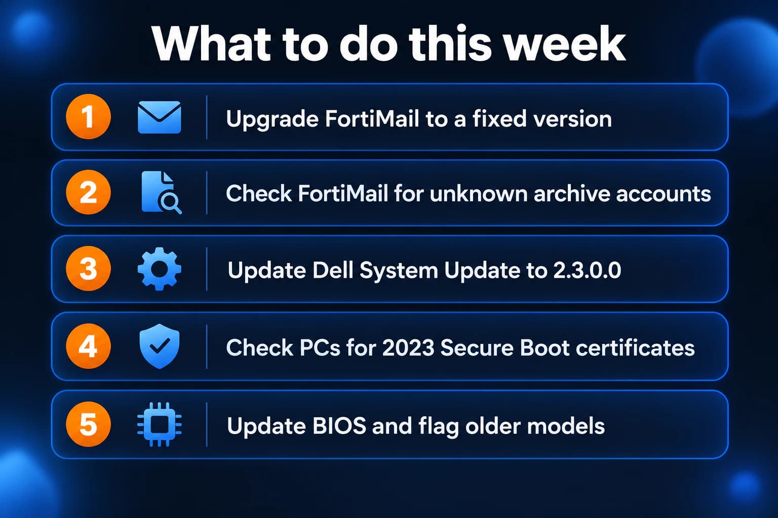 Five-step IT checklist: upgrade FortiMail, check FortiMail for unknown archive accounts, update Dell System Update to 2.3.0.0, check PCs for 2023 Secure Boot certificates, update BIOS and flag older models.