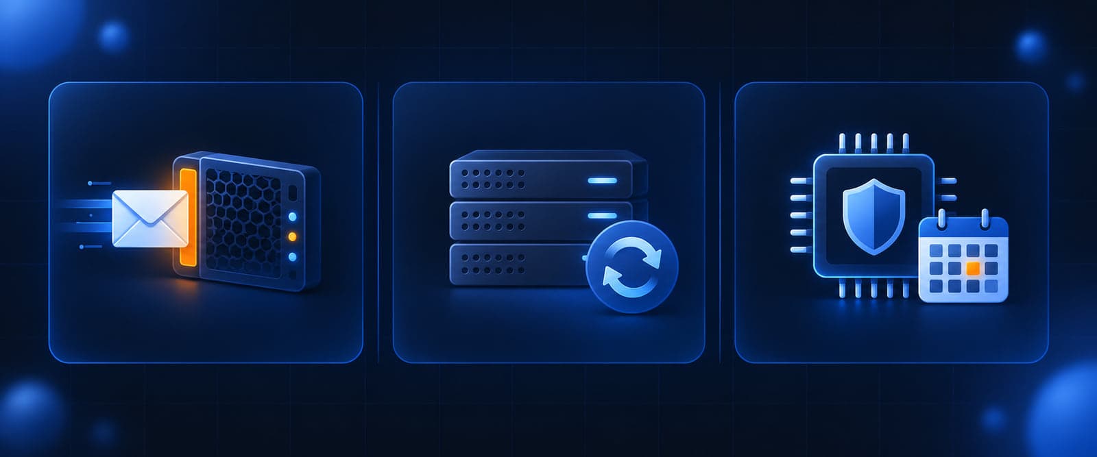 Dark navy illustration of an email gateway, a server rack, and a computer chip with a shield on a blue grid, with an orange highlight on the email gateway.