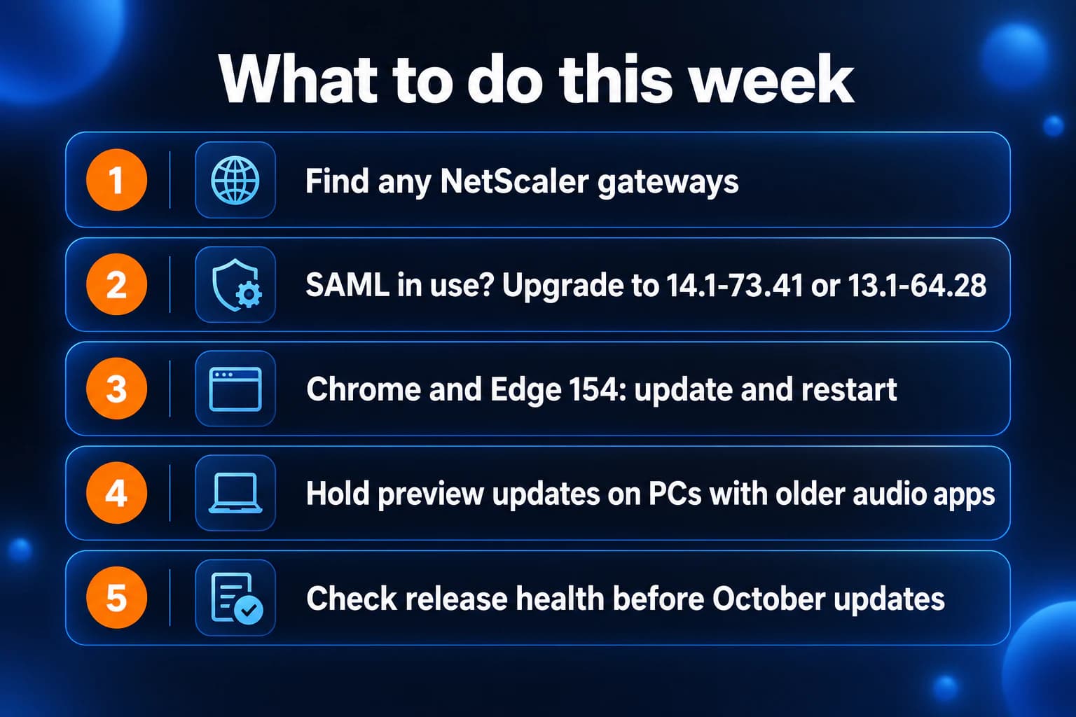Five-step IT checklist: find NetScaler gateways, upgrade SAML gateways to 14.1-73.41 or 13.1-64.28, update Chrome and Edge to 154 and restart, hold Windows preview updates on PCs with older audio software, check release health before October updates.