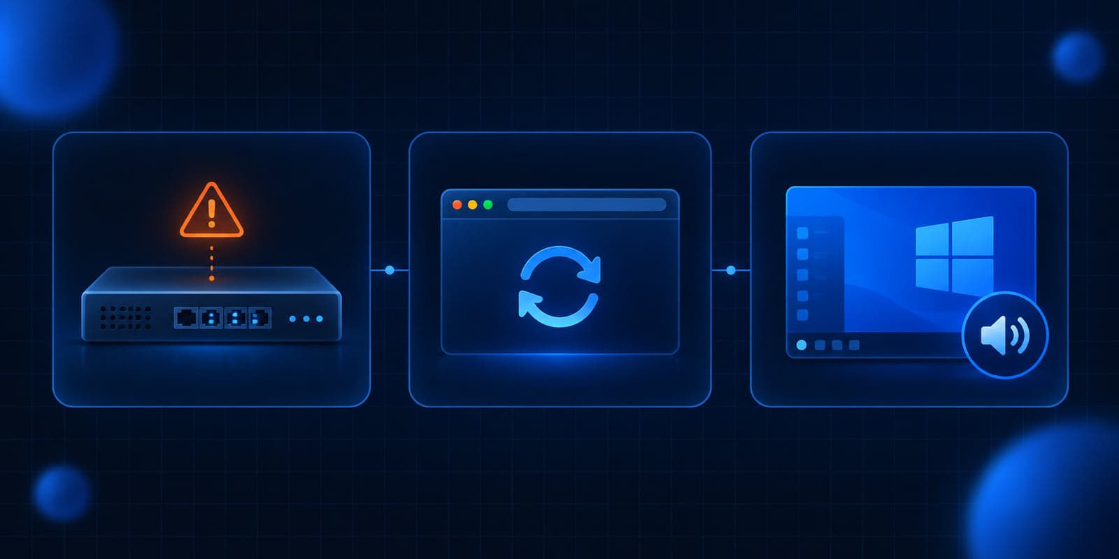 Dark navy illustration of a network gateway, a browser window, and a Windows audio icon on a blue grid, with an orange highlight on the gateway.