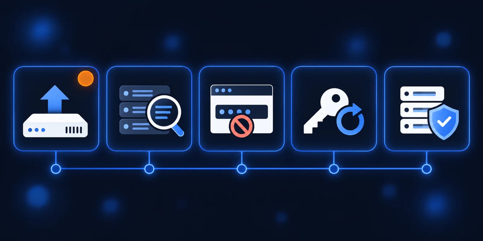Five-step icon row: update the gateway, check logs, block device code sign-in, revoke sessions, and confirm the server patch.