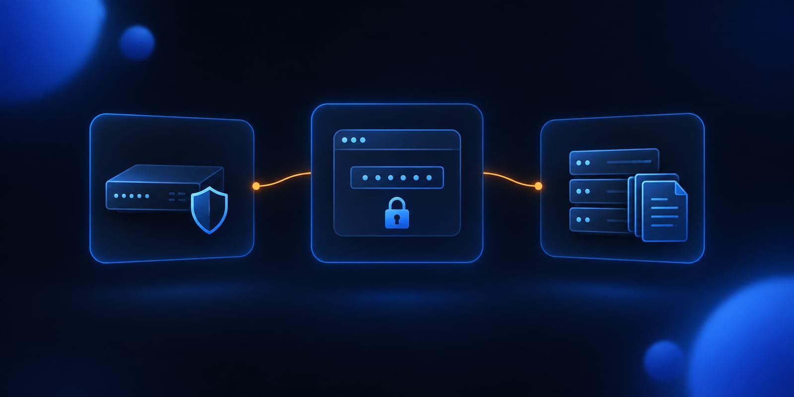 Three dark blue cards showing a network gateway, a sign-in code window, and a document server, linked by an orange line.
