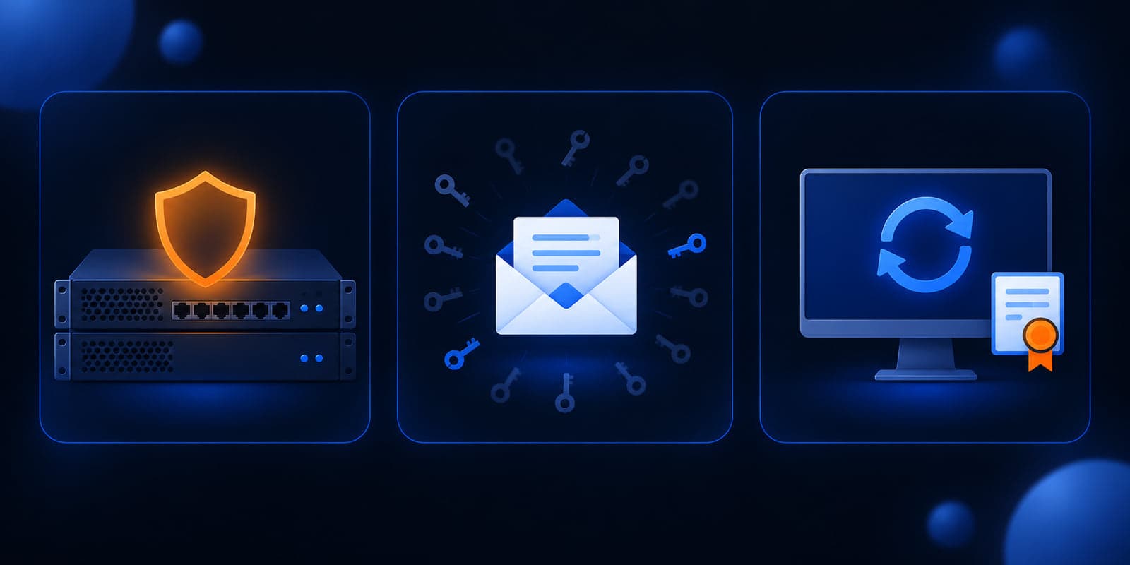 Dark navy illustration of a gateway appliance, a mailbox under repeated login attempts, and a Windows update certificate, with an orange highlight on the gateway.
