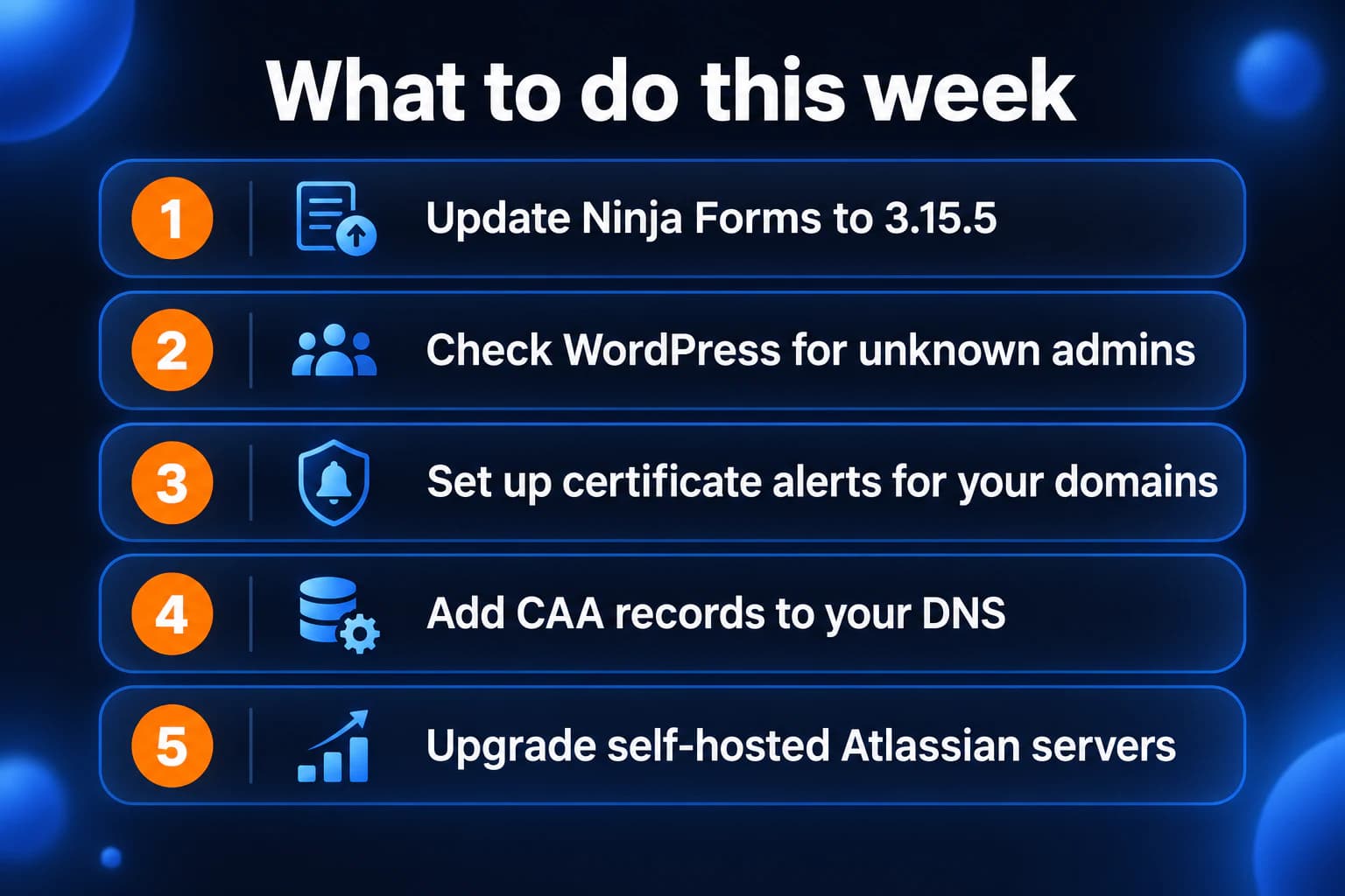 Five-step IT checklist: update Ninja Forms to 3.15.5, check WordPress for unknown admin accounts, set up certificate alerts for your domains, add CAA records to your DNS, upgrade self-hosted Atlassian servers.