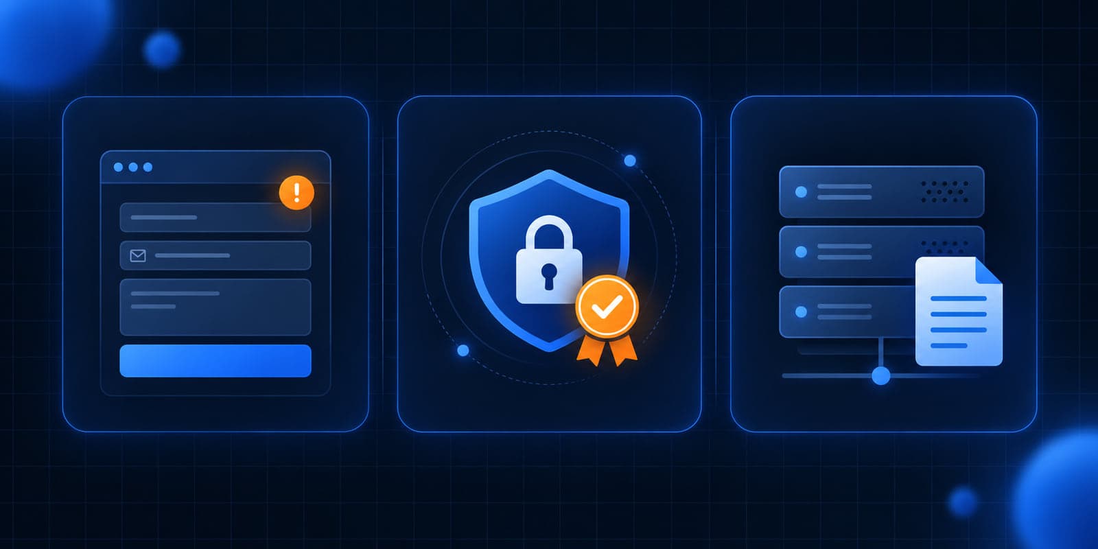 Dark navy illustration of a web form, a padlock certificate badge, and a server stack on a blue grid, with an orange highlight on the certificate.