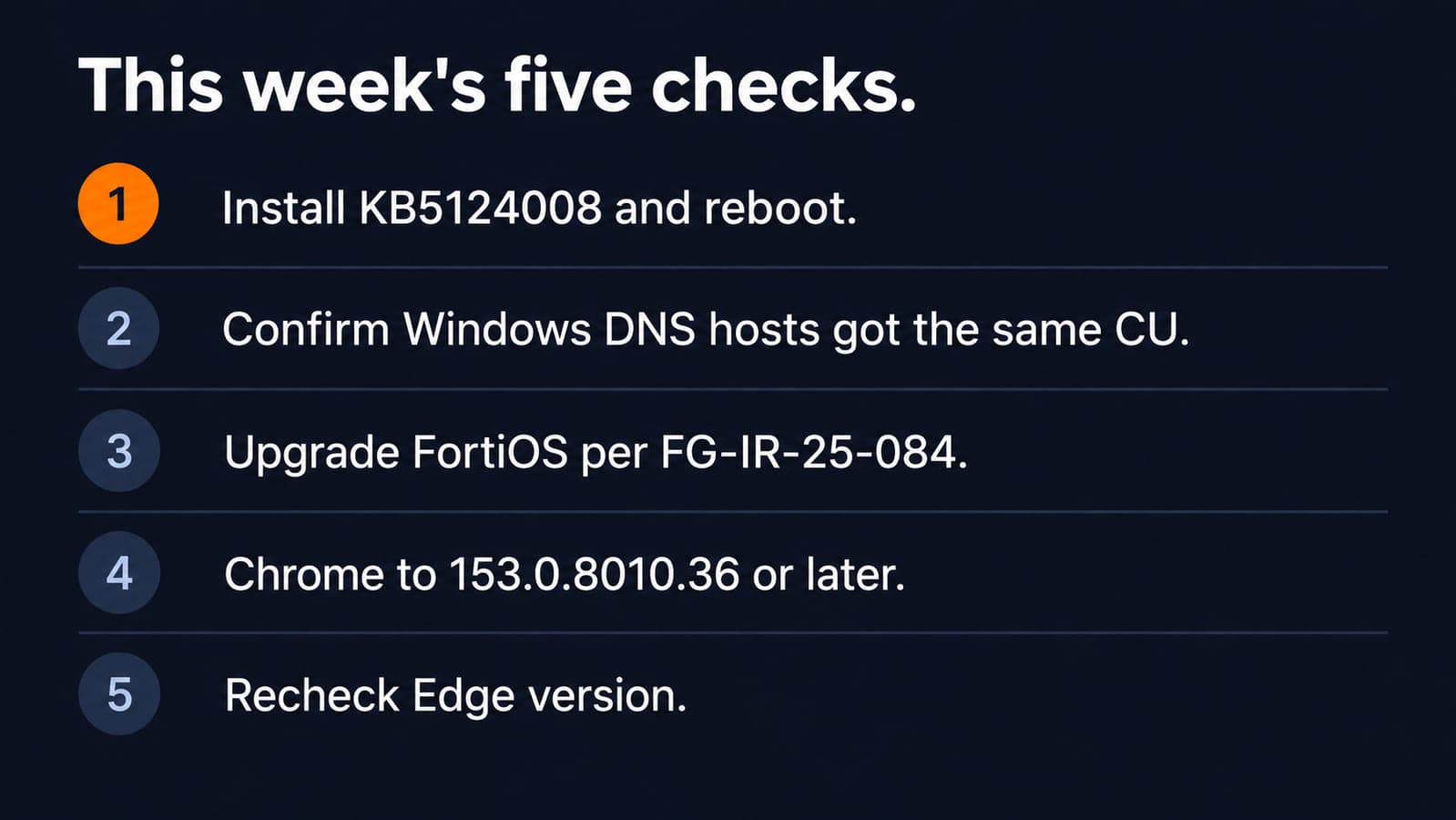 Three dark navy cards labeled Windows Update, FortiGate, and Chrome 153, each marked with an orange check.