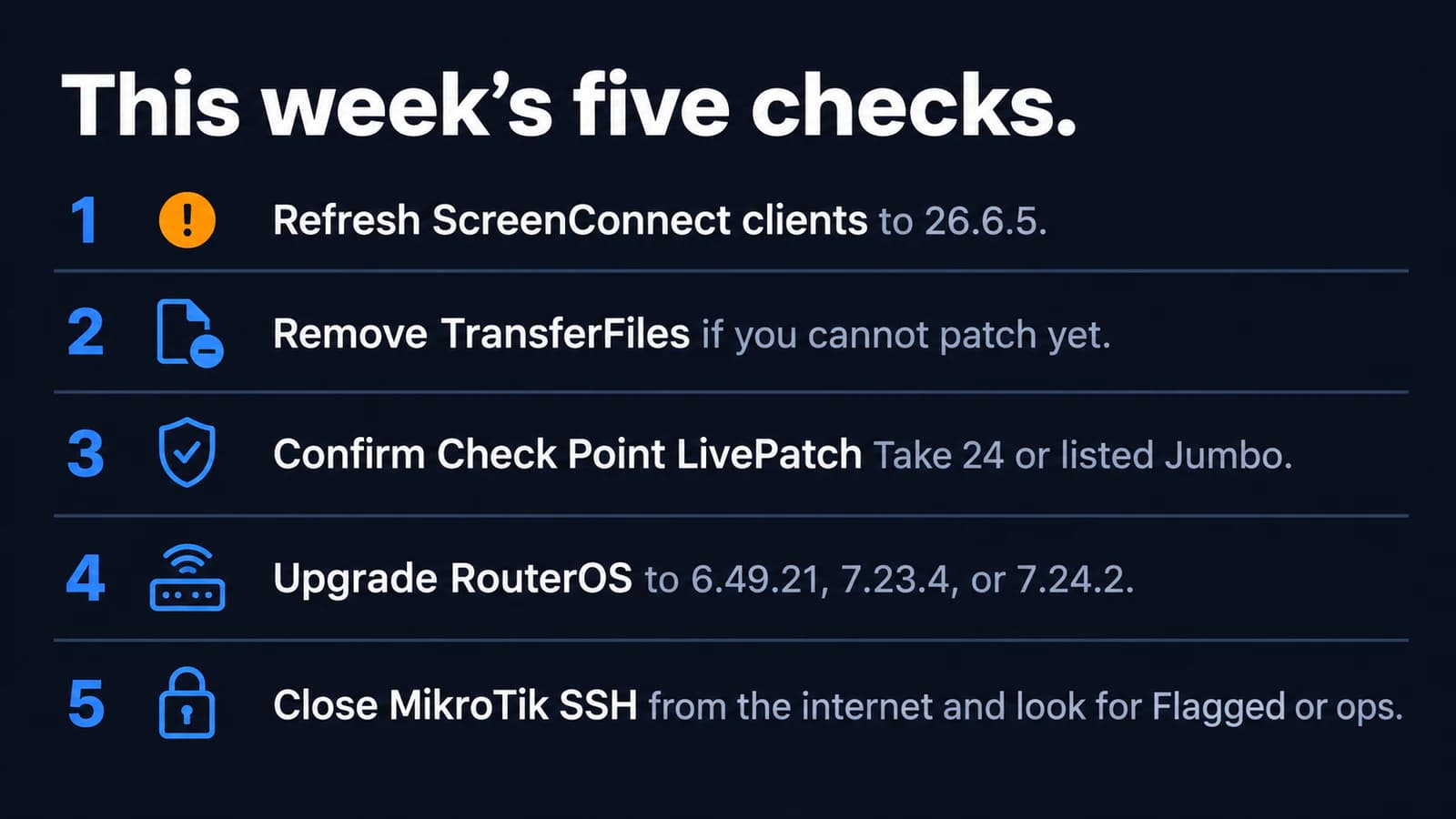 Five-step checklist for ScreenConnect 26.6.5, Check Point VPN patches, and MikroTik RouterOS.