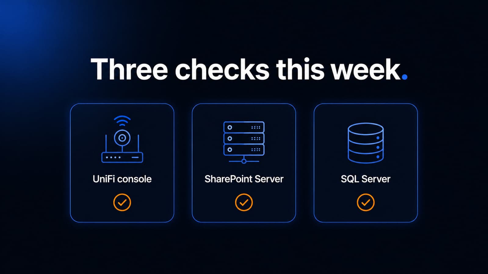 Three dark navy cards labeled UniFi console, SharePoint Server, and SQL Server, each marked with an orange check.