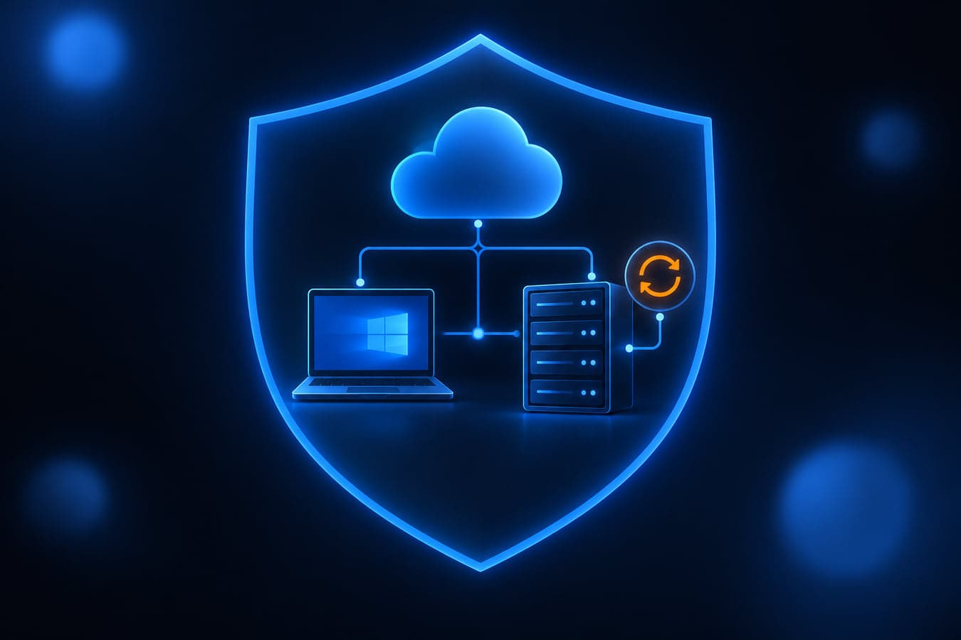 Blue shield over a laptop, server, and cloud on a dark navy background, representing this week's IT security checks