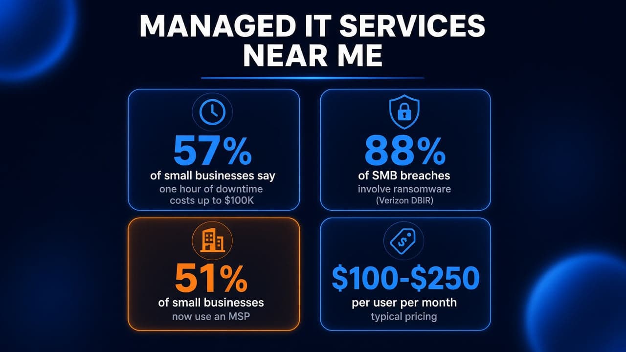 Managed IT statistics cards: 57% of small businesses say one hour of downtime costs up to $100K, 88% of SMB breaches involve ransomware, 51% of small businesses use an MSP, and $100 to $250 per user per month typical pricing.