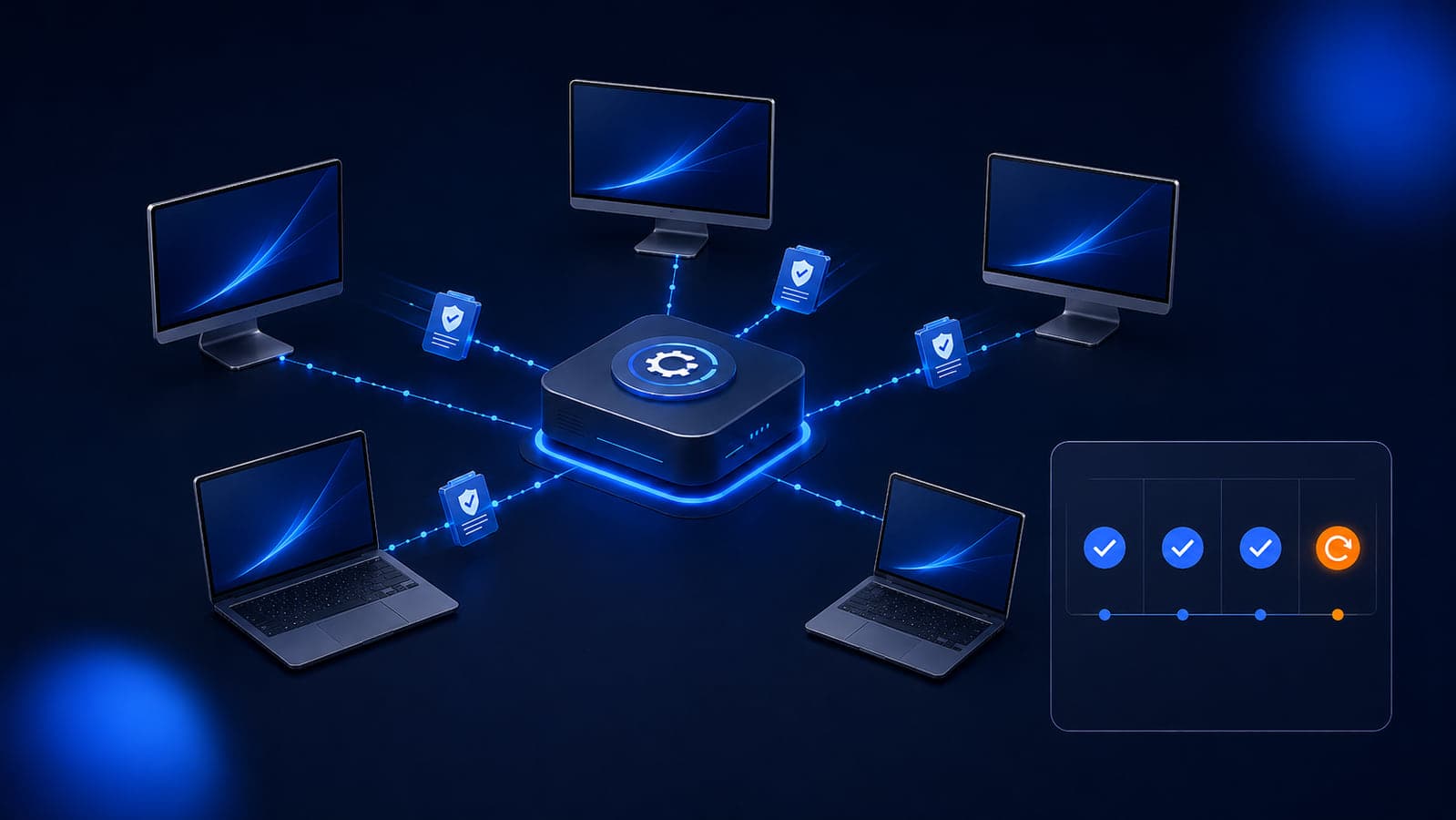 Abstract office computers receiving security updates while a quarterly calendar marks one planned restart.