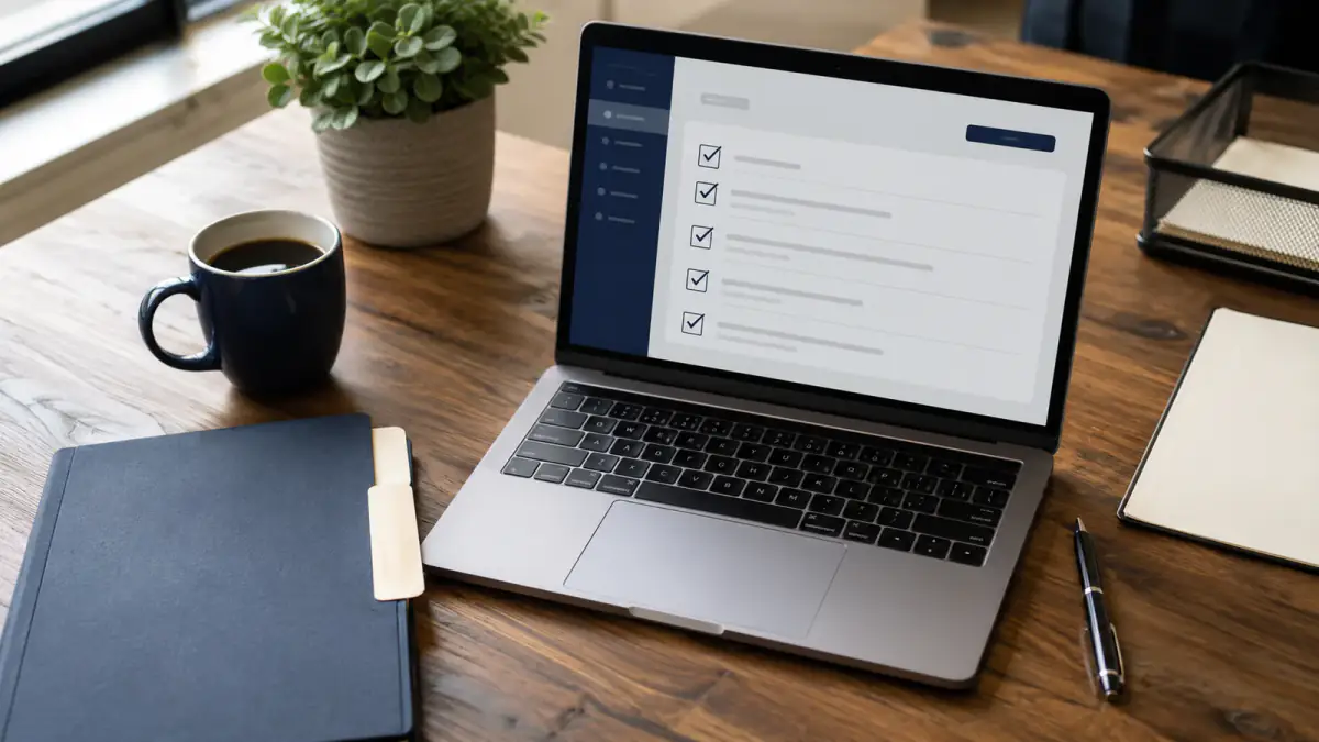Laptop showing a completed cyber insurance renewal checklist on an office desk