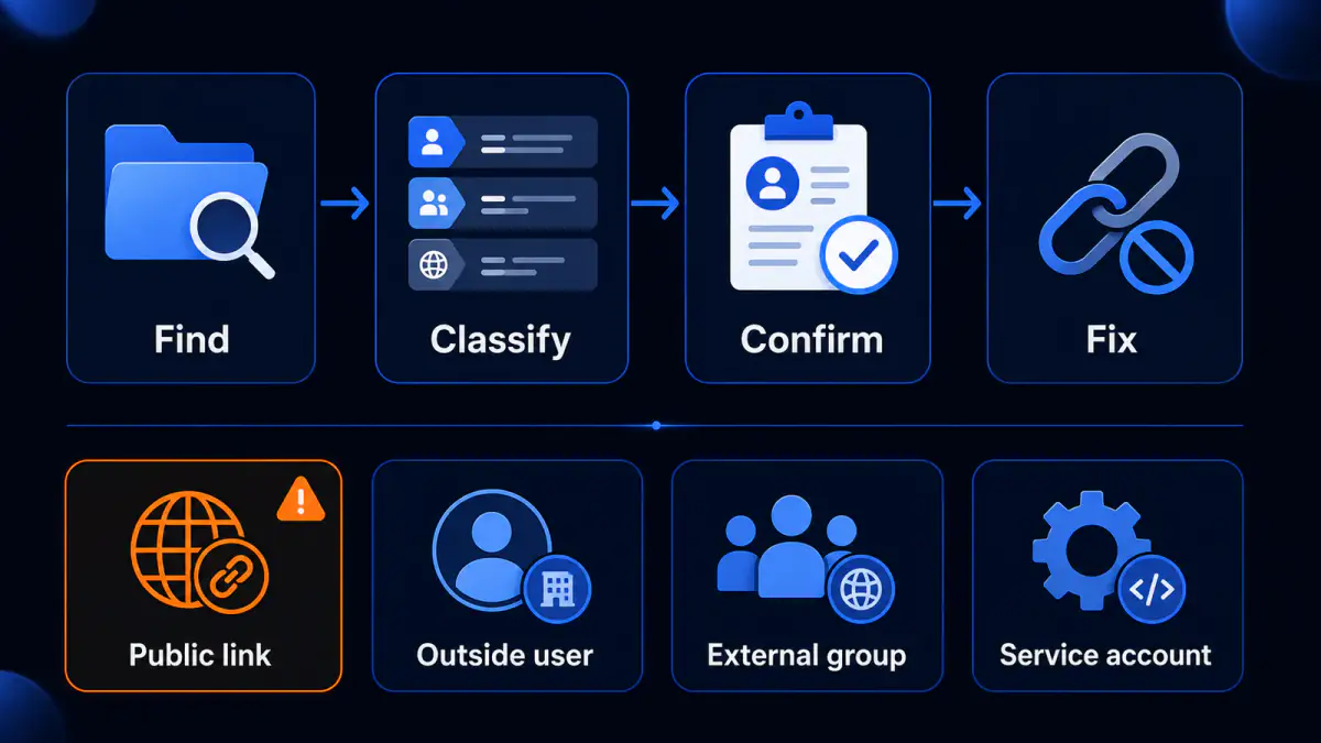 Four-step external-sharing audit workflow covering discovery, risk classification, owner confirmation, and access correction.