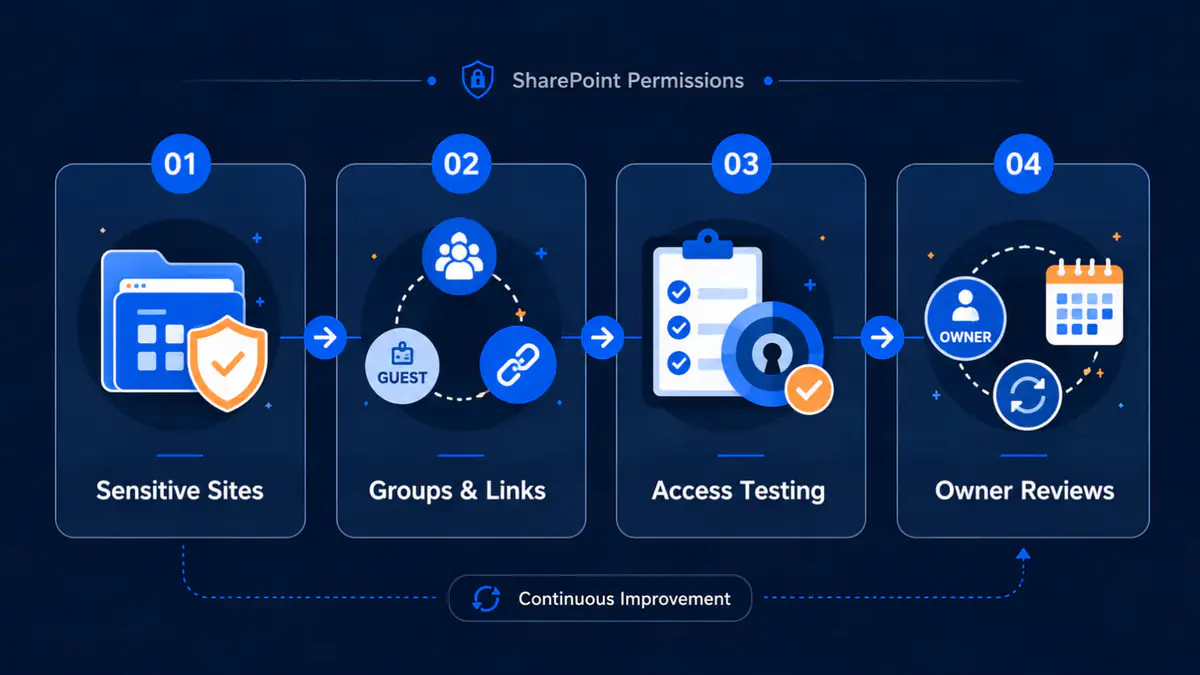 SharePoint permission review covering sensitive sites, groups and links, access testing, owner reviews, and continuous improvement
