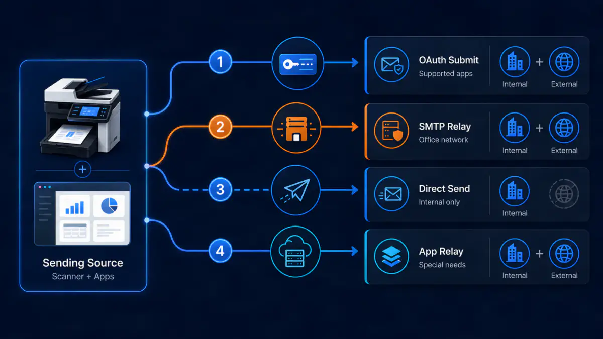 Four paths for scanners and applications to send email: OAuth submission, SMTP relay, internal-only Direct Send, and an application relay