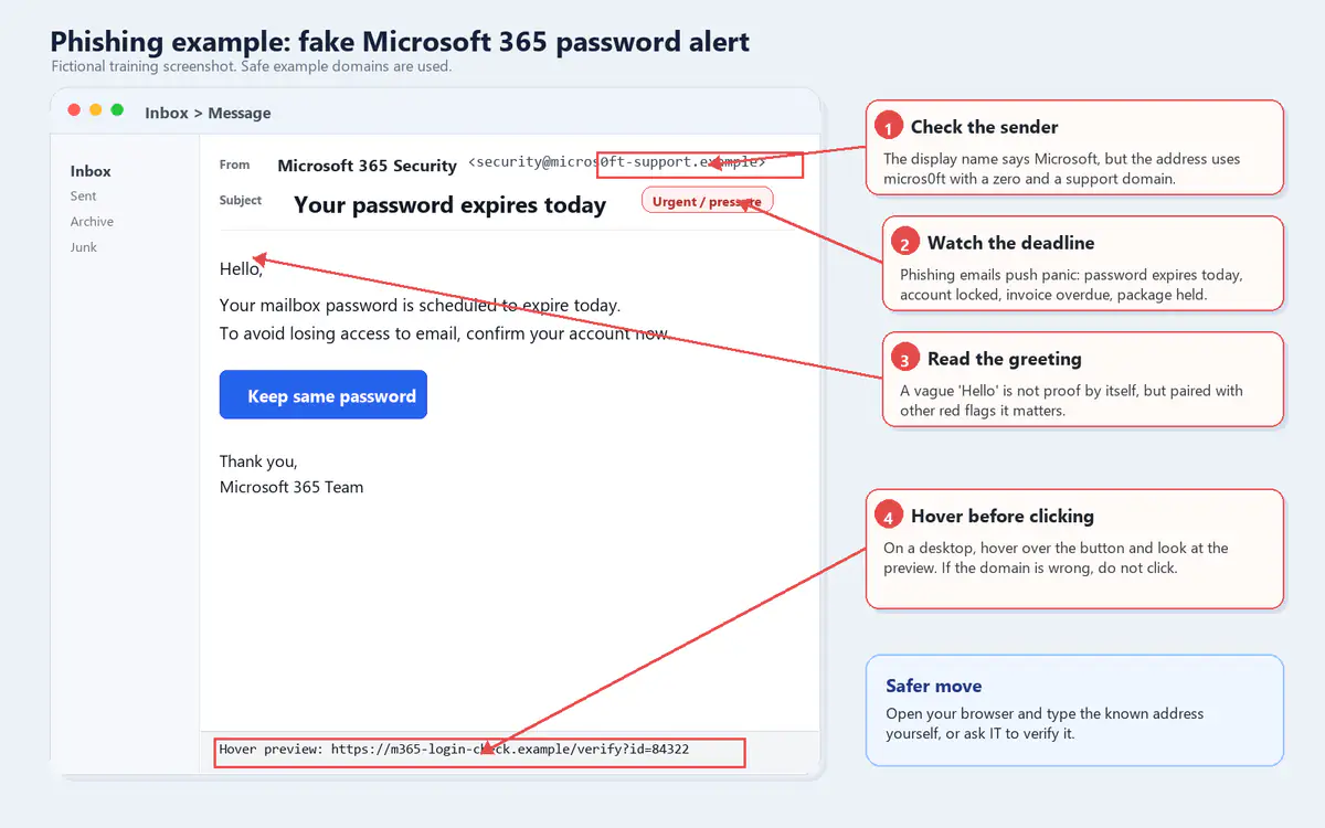 Annotated screenshot of a fake Microsoft 365 password expiration phishing email showing sender domain and hover preview red flags.
