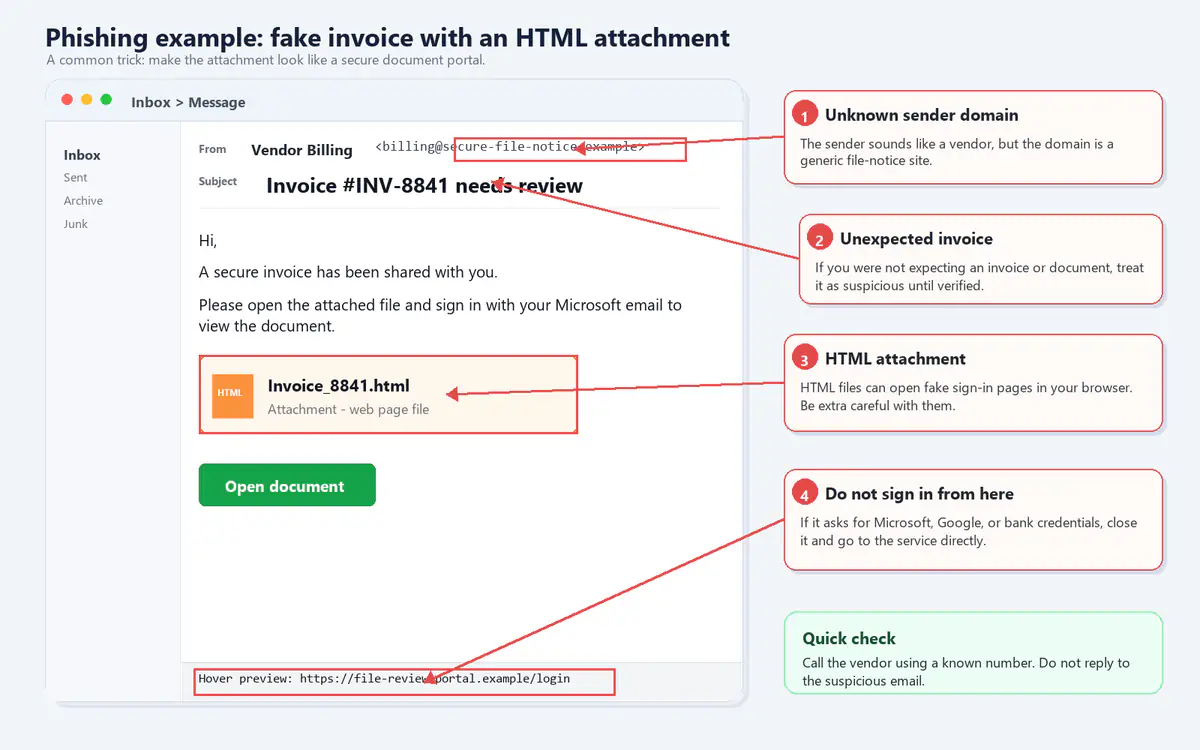 Annotated screenshot of a fake invoice phishing email showing an unknown sender domain, HTML attachment, and suspicious sign-in request.