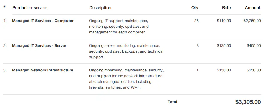 Managed IT invoice for a 25-computer medical clinic in Watertown showing computers, servers, and network line items