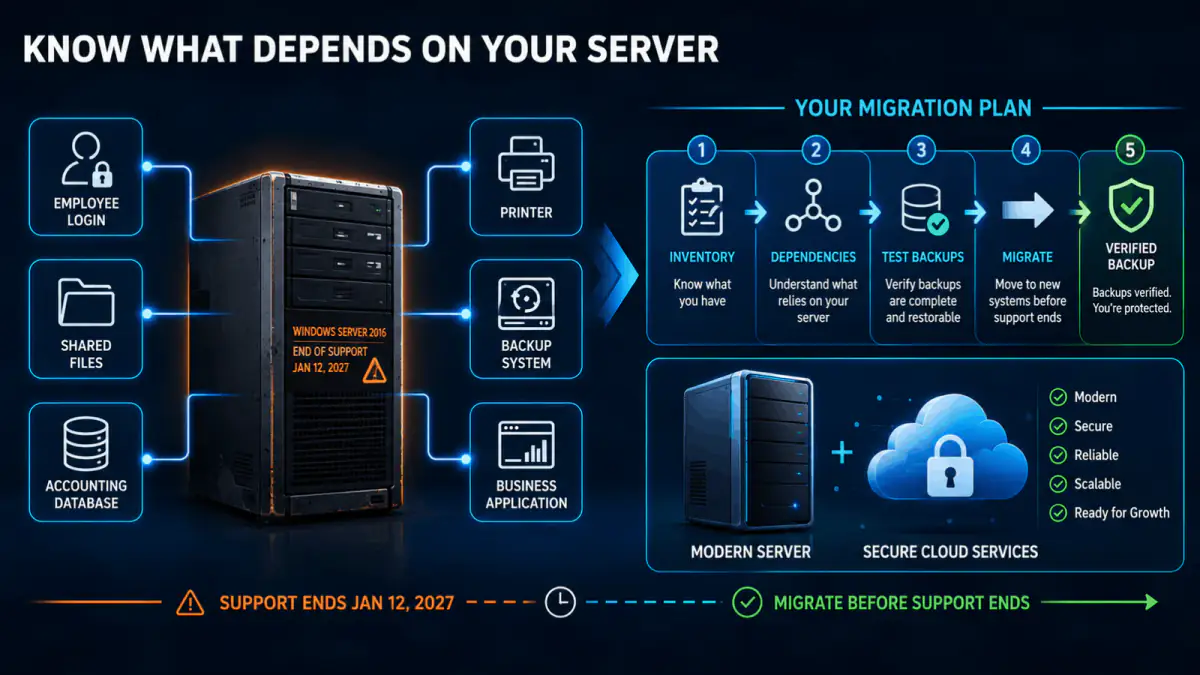 Windows Server 2016 dependency and migration plan covering employee logins, shared files, accounting data, printers, backups, applications, inventory, testing, migration, and backup verification